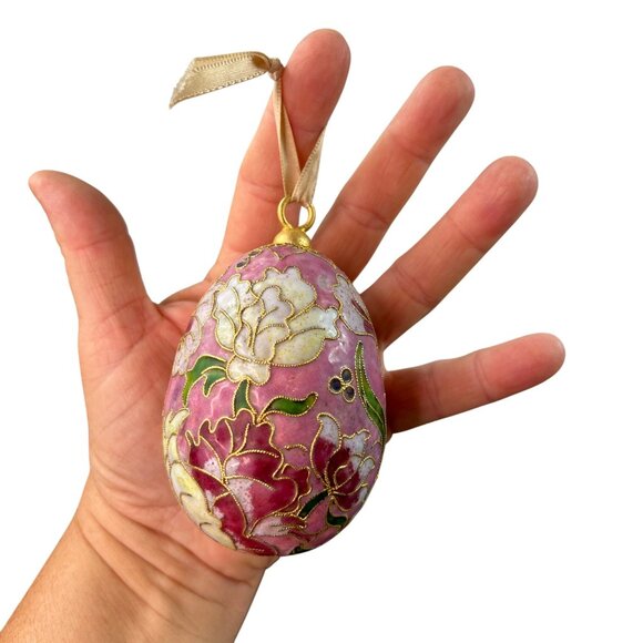 Vintage Cloisonne Goldtone Floral Egg Hanging Ornament Victorian Enameled - Picture 1 of 10